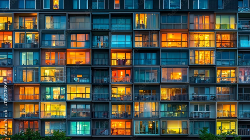 Illuminated apartment building facade at night. Illuminated apartment building facade at night.