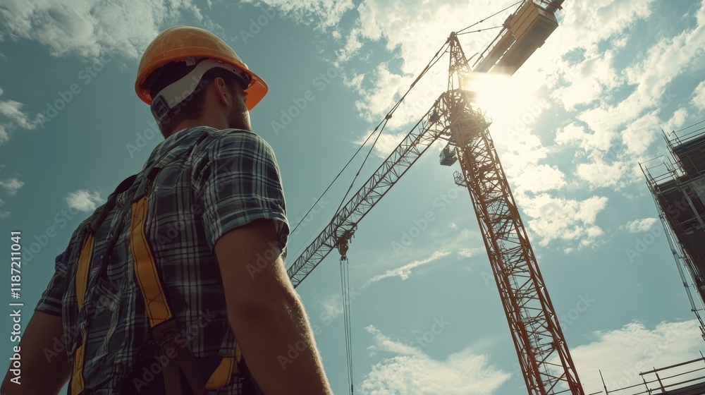 Construction worker observes crane operation under bright sky during day Construction worker observes crane operation under bright sky during day