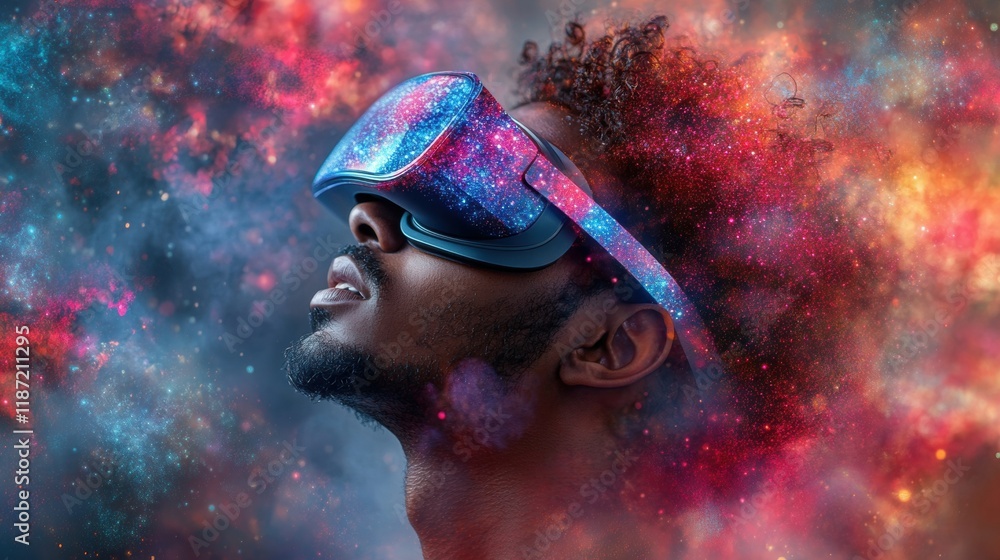 Young Man with Virtual Reality Goggles in Cosmic Background Young Man with Virtual Reality Goggles in Cosmic Background