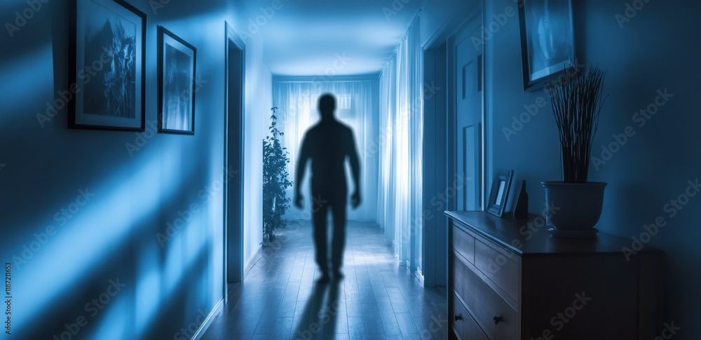 A shadowy figure approaches slowly down a hallway illuminated by soft blue light. The walls are decorated with artwork, and plants add to the eerie atmosphere. A shadowy figure approaches slowly down a hallway illuminated by soft blue light. The walls are decorated with artwork, and plants add to the eerie atmosphere.