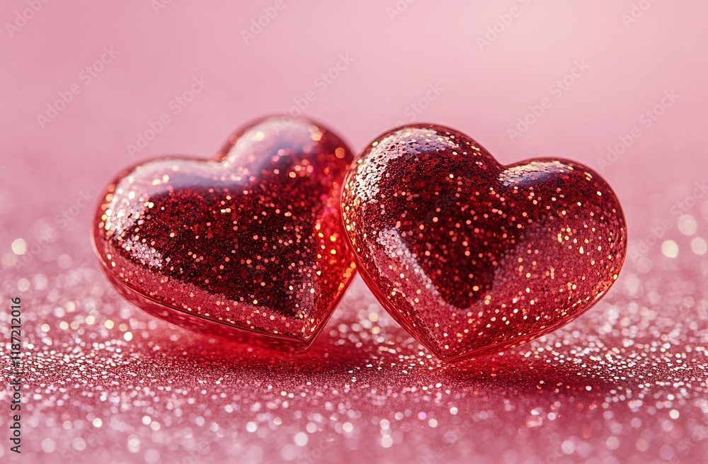Fototapeta premium Two red hearts on a pink glittery background