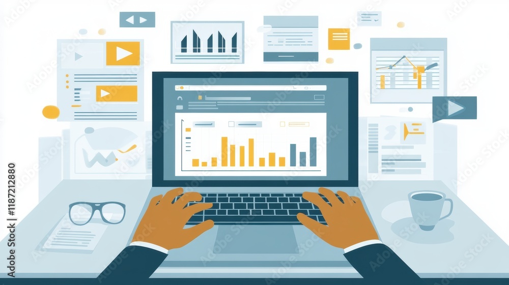 Hands Typing on Laptop with Charts and Graphs in Background Hands Typing on Laptop with Charts and Graphs in Background