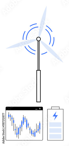 Wind turbine with rotating blades, energy data graph, and battery icon. Ideal for renewable energy, data analysis, sustainability, electricity, power storage, clean energy and environmental themes