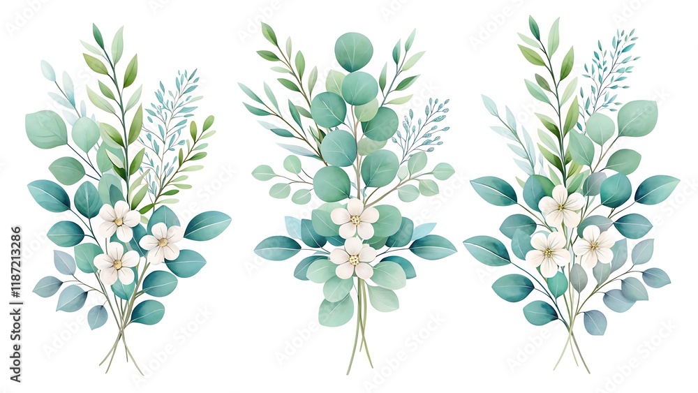 Elegant Watercolor Eucalyptus Arrangements in Muted Green and Blue Tones with White Florals for Wedding and Nature-Inspired Decor Elegant Watercolor Eucalyptus Arrangements in Muted Green and Blue Tones with White Florals for Wedding and Nature-Inspired Decor