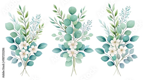 Elegant Watercolor Eucalyptus Arrangements in Muted Green and Blue Tones with White Florals for Wedding and Nature-Inspired Decor  