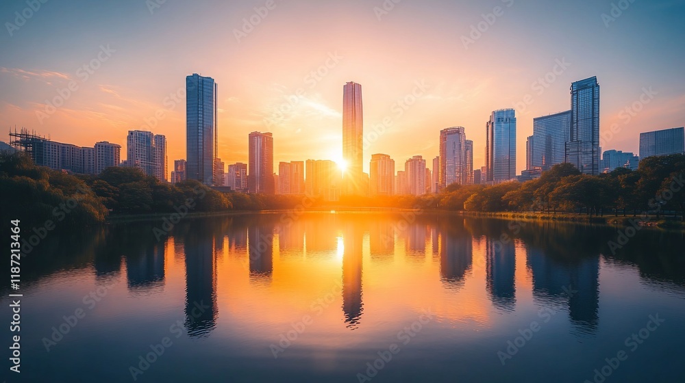 Fototapeta premium City skyline reflected in calm water at sunset. (1)
