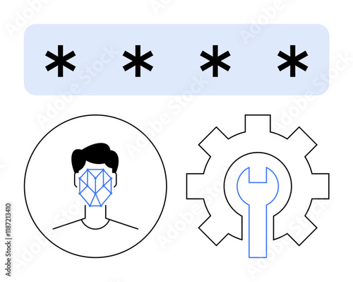 Password with asterisks, face recognition icon inside a circle, and gear with wrench. Ideal for cybersecurity, user authentication, data protection, privacy, biometrics, system security abstract