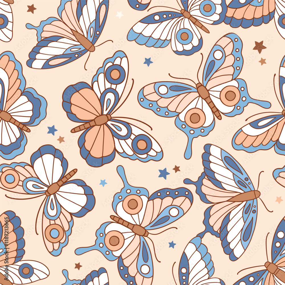 Seamless vector pattern with hand drawn boho butterfly. Perfect for textile, wallpaper or nursery print design. EPS10 vector file. Seamless vector pattern with hand drawn boho butterfly. Perfect for textile, wallpaper or nursery print design. EPS10 vector file.