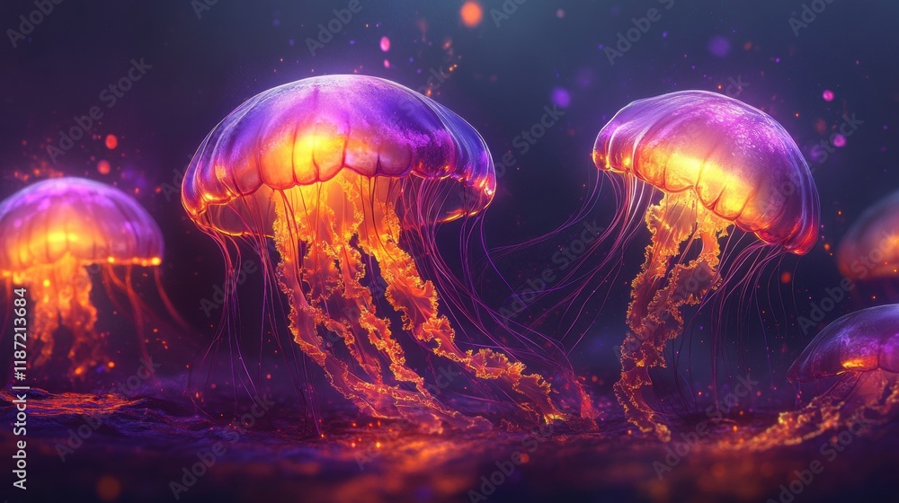 Ethereal Jellyfish Glowing Underwater with Vibrant Colors and Light Ethereal Jellyfish Glowing Underwater with Vibrant Colors and Light