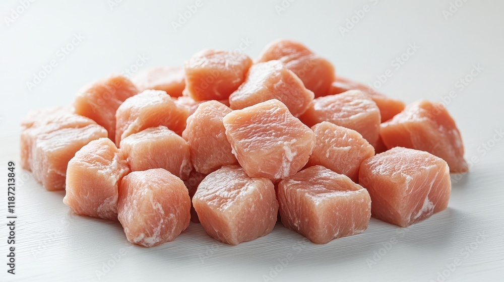 Fresh Raw Cubes of Chicken Meat on a Clean White Background Fresh Raw Cubes of Chicken Meat on a Clean White Background