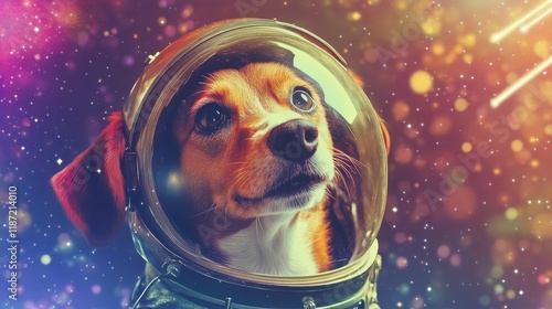 Dog in space helmet surrounded by colorful cosmic background concept photo