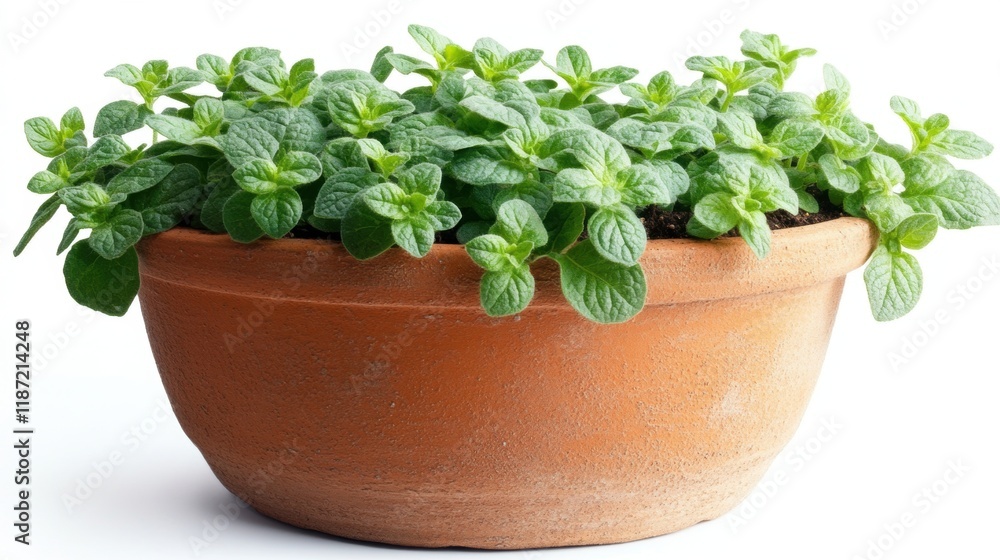 Fresh Green Mint Leaves Growing in a Rustic Clay Pot Fresh Green Mint Leaves Growing in a Rustic Clay Pot