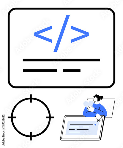 A person in a blue shirt holding a tablet with code, next to a code snippet and a focus target. Ideal for coding, software development, technology, web design, programming, UXUI design, and digital