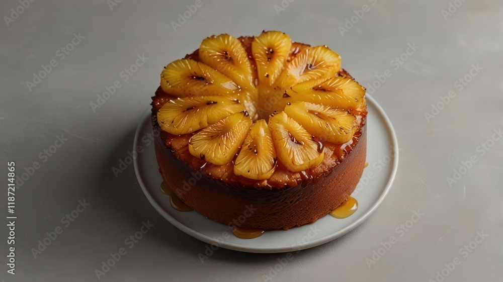 Classic pineapple upsidedown cake with caramelized pineapple topping cut out on an isolated simple minimalist background Classic pineapple upsidedown cake with caramelized pineapple topping cut out on an isolated simple minimalist background