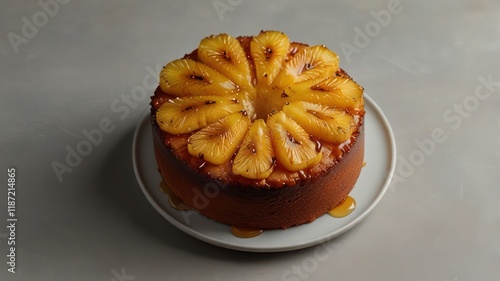 Classic pineapple upsidedown cake with caramelized pineapple topping cut out on an isolated simple minimalist background photo