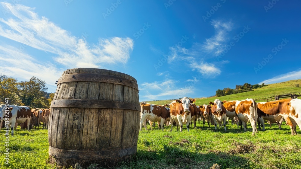 Rolling hills showcase grazing cattle near rustic wooden barrel Rolling hills showcase grazing cattle near rustic wooden barrel