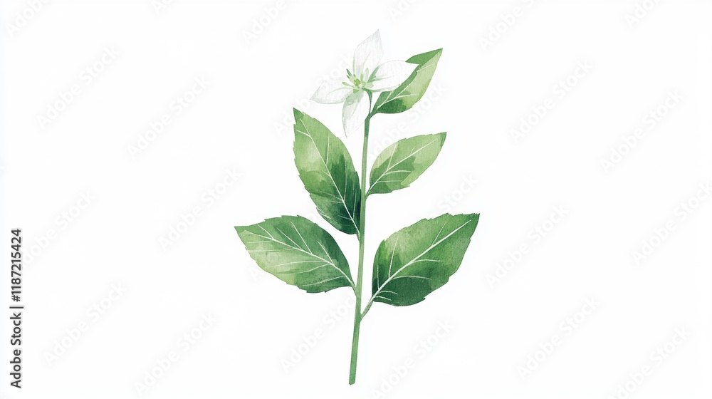 Fototapeta premium Delicate Botanical Illustration of Green Leaves and White Flower