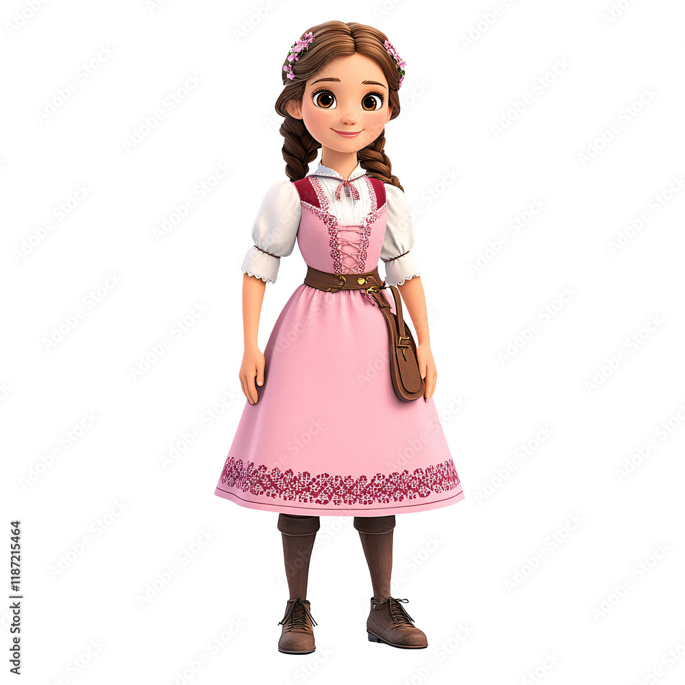 A female cartoon character in Austrian traditional attire, featuring a pink dirndl with an embroidered bodice, a white blouse, and an apron, against a white background A female cartoon character in Austrian traditional attire, featuring a pink dirndl with an embroidered bodice, a white blouse, and an apron, against a white background