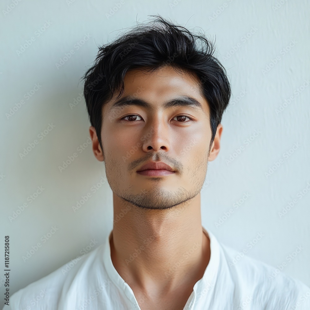 Obraz premium man with smooth skin wearing a white shirt standing in front of a minimalist white wall calm expression close-up of his face