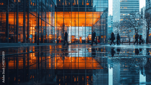 Modern Cityscape with Glass Buildings and Warm Orange Lights Reflected on Wet Urban Surface