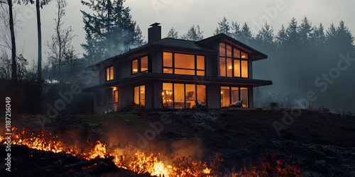 Modern home during a wildfire natural disaster.