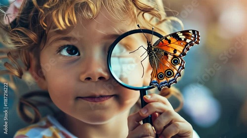 the child looks into the magnifying glass at the butterfly