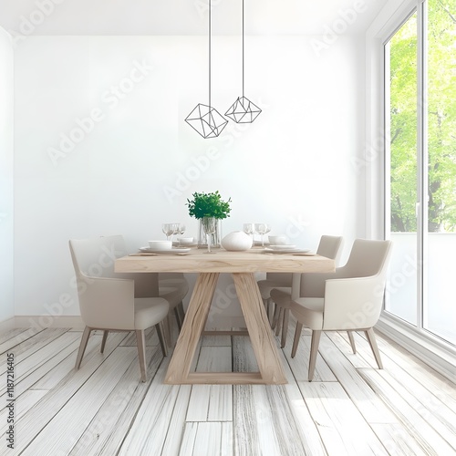 A calm minimalist dining room design exudes elegance and warmth. The centerpiece is a sleek wooden dining table with a natural finish, surrounded by ergonomically designed modern chairs in soft neutra photo