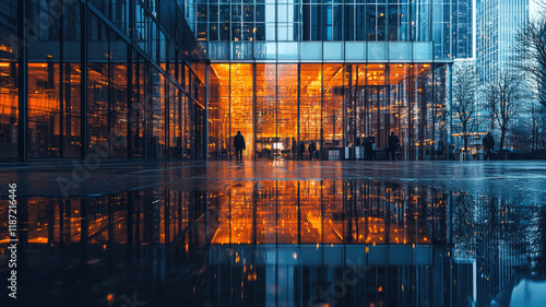 Modern Cityscape with Glass Buildings and Warm Orange Lights Reflected on Wet Urban Surface