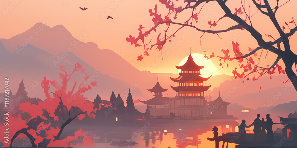 Obraz premium serene cny landscape with pagoda and cherry blossoms in soft light