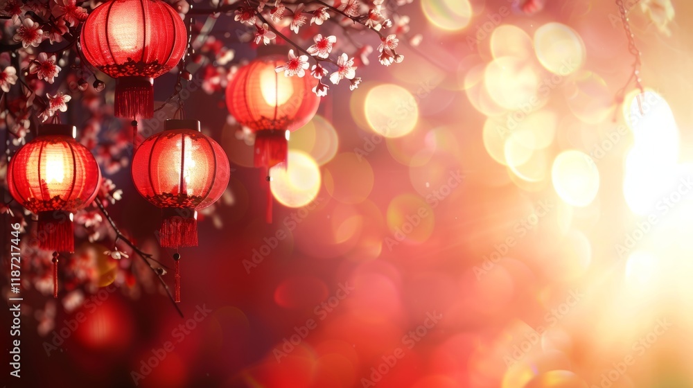 Festive red background for chinese new year 2025, year of the snake with lanterns and flowers Festive red background for chinese new year 2025, year of the snake with lanterns and flowers