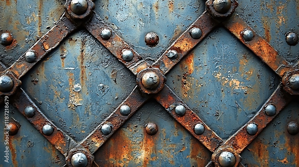 Fototapeta premium Rusted metal gate with cross pattern and rivets.