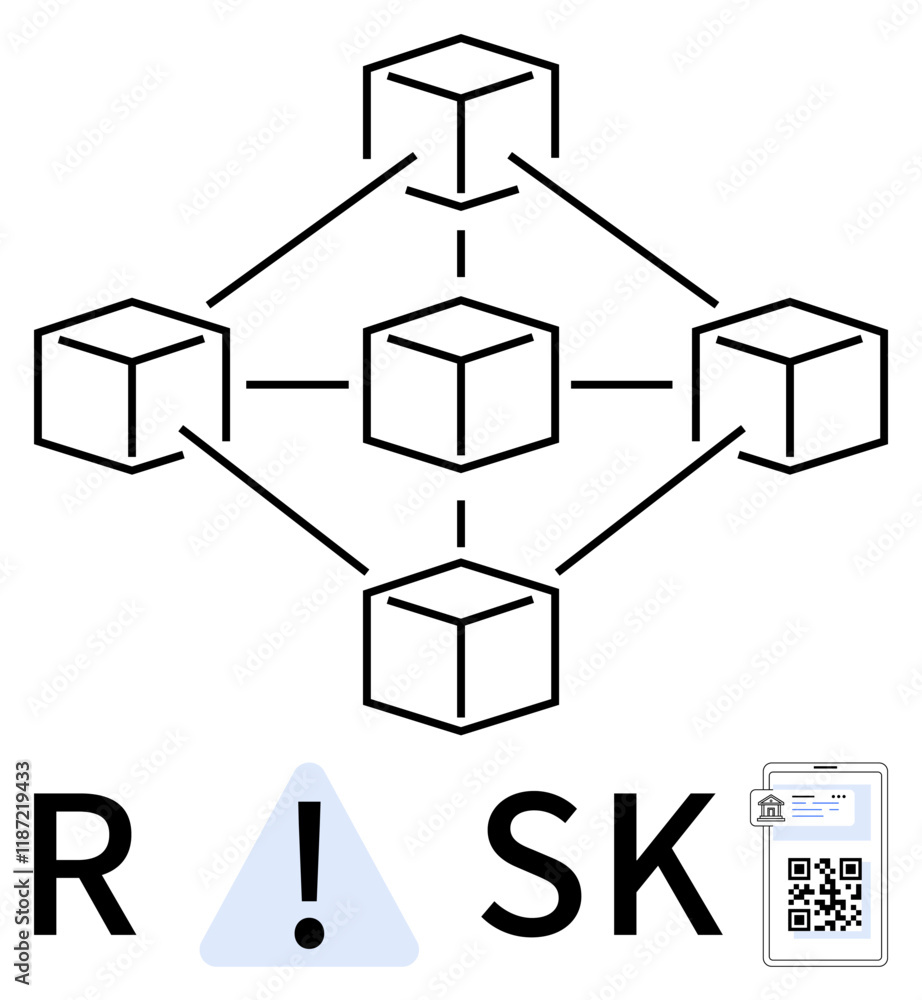 Network of interconnected cubes representing blockchain. QR code on security card and exclamation mark in triangle emphasizing risk. Ideal for cybersecurity, blockchain education, fintech, risk Network of interconnected cubes representing blockchain. QR code on security card and exclamation mark in triangle emphasizing risk. Ideal for cybersecurity, blockchain education, fintech, risk