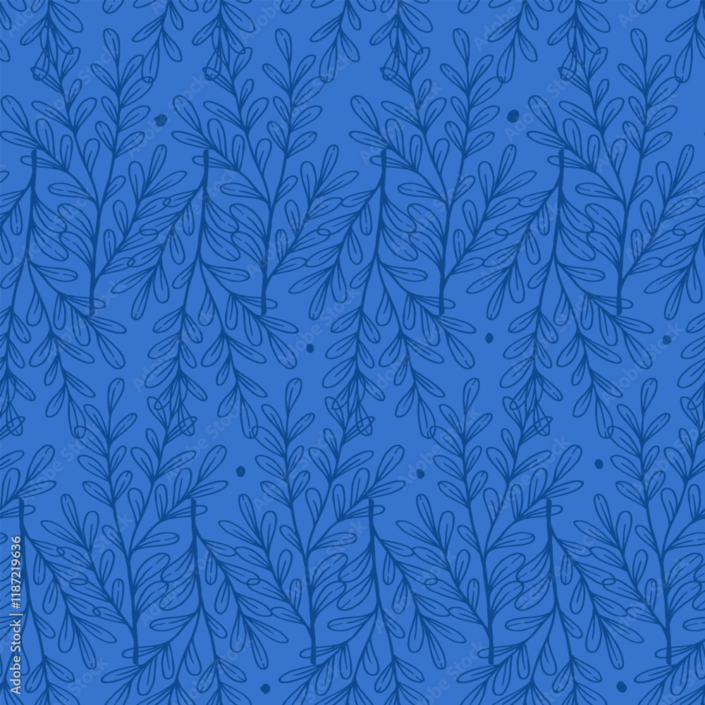 outlines of leaves and twigs on an endless background. solid blue pattern with leaves and dots. outlines of leaves and twigs on an endless background. solid blue pattern with leaves and dots.