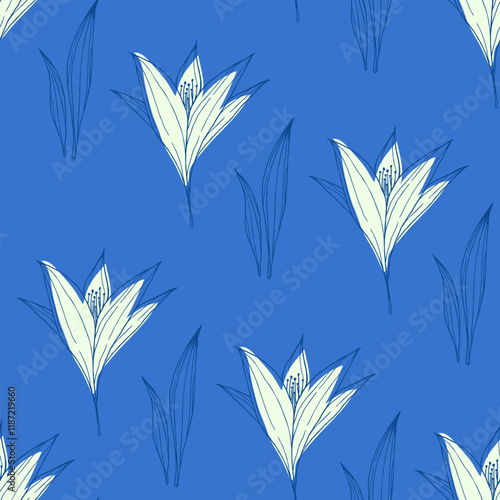 delicate white lilies on a blue background. seamless background with white colors. doodle lilies