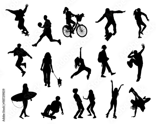Silhouettes of young people, teenagers performing different activities, dancing, roller skating, walking dog, skateboarding, playing basketball. Vector drawings isolated on transparent background.