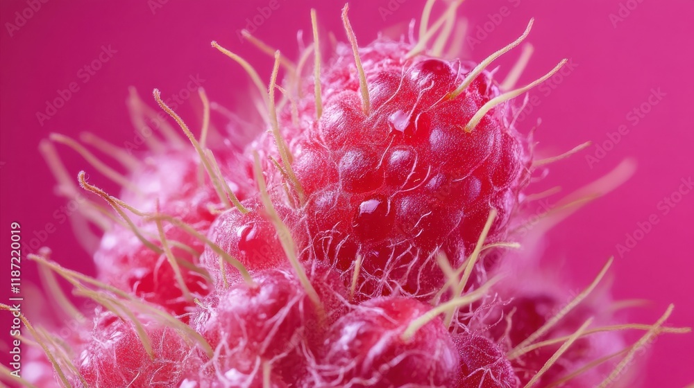Close-up of vibrant raspberry with detailed texture and pink background Close-up of vibrant raspberry with detailed texture and pink background