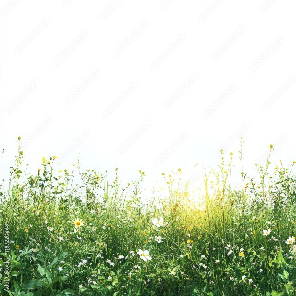 Fototapeta premium Lush green meadow with wildflowers gently swaying in the breeze, soft sunlight filtering through, on pure white background.