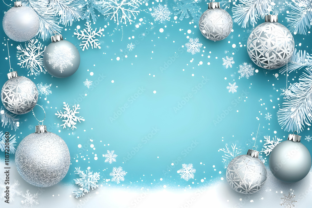 Light blue festive background decorated with silver baubles and snowflakes for greeting cards Light blue festive background decorated with silver baubles and snowflakes for greeting cards