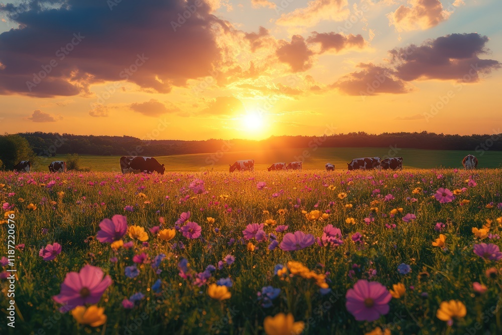 Fototapeta premium Sunset over colorful wildflowers and grazing cows in a pastoral field.