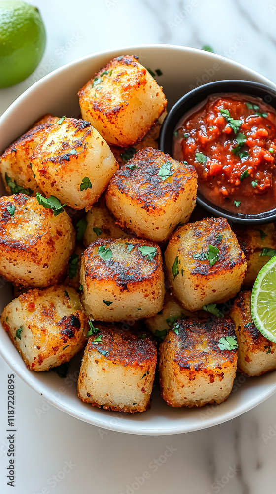 Bowl of food with a red sauce and lime slices. The food is small cubes and he is seasoned Bowl of food with a red sauce and lime slices. The food is small cubes and he is seasoned