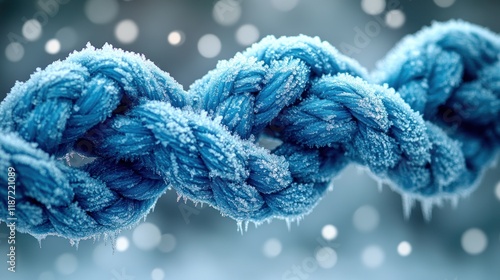 Frozen blue rope in snow, winter scene, bokeh background, security/strength. photo