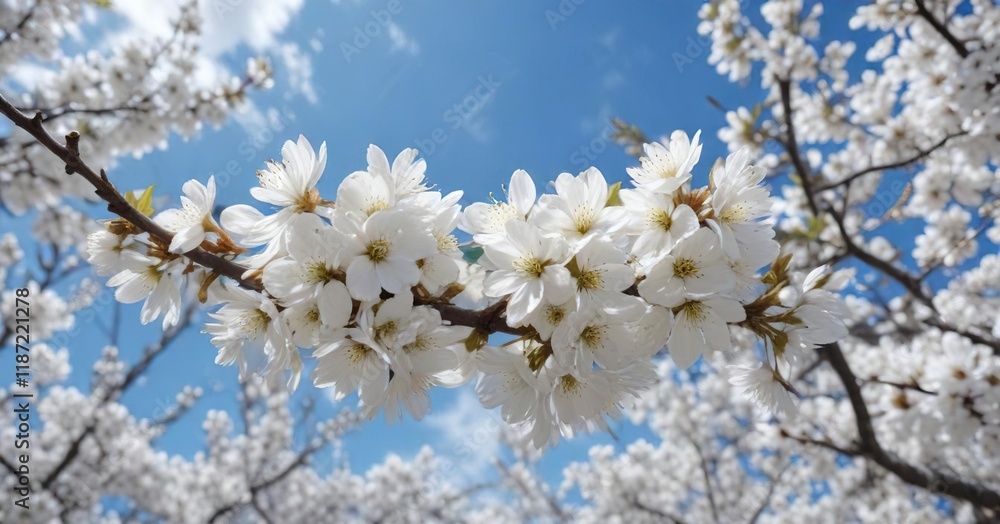 Scenic view of white cherry blossoms under a clear blue sky, petals, pink, contrast, tranquil, springtime Scenic view of white cherry blossoms under a clear blue sky, petals, pink, contrast, tranquil, springtime
