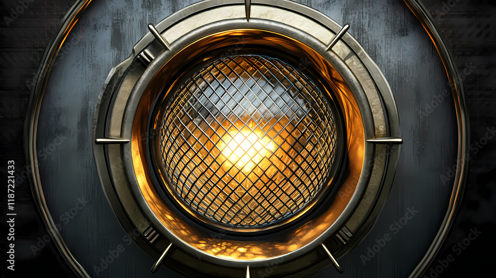 Circular headlight with intricate metal grid and glass lens. Meadowlight. Illustration Circular headlight with intricate metal grid and glass lens. Meadowlight. Illustration