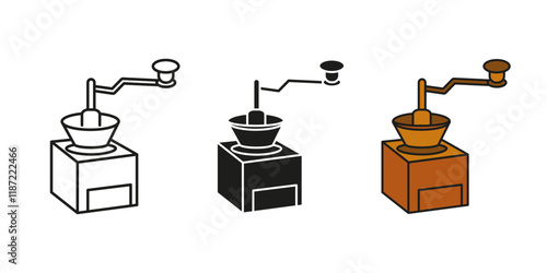 Coffee grinder icon. Manual coffee mill machine vector illustration. Vintage coffee grinder with rotating handle symbol. Manual coffeemaker grinding sign. Retro kitchen appliance antique coffee bean