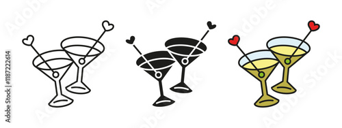 Martini cocktail icon. Alcohol drinks bar vector illustration. Party cocktail beverage with olive on a stick symbol. Appetizer or aperitif sign. Champagne or martini cocktail glass with heart sticks.