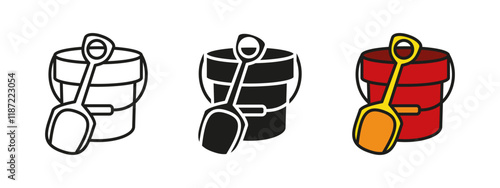Bucket and shovel toy icon. Sandbox toys vector illustration. Beach spade and pail symbol. Children outdoor toys sign. Childhood summer leisure pictogram. Kids play sand bucket and spatula concept.