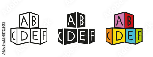 ABC blocks toy icon. Alphabet cubes vector illustration. Colorful children education ABC block symbol. Preschool reading learning sign. Cube with letter pictogram. Elementary toddler teaching concept.
