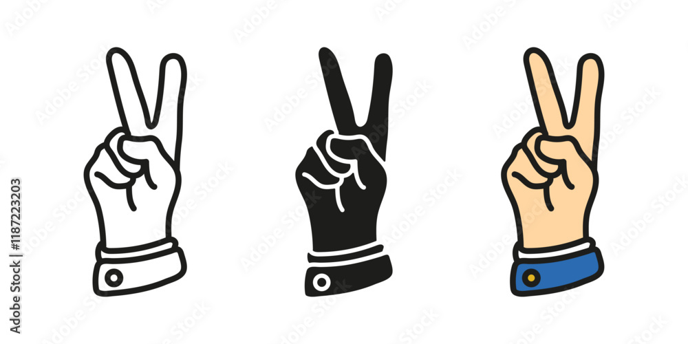 Peace gesture icon. Peace two fingers hand sign. Victory human palm symbol. V 2 fingers pictogram. Hand showing freedom or success gesture vector illustration. Winner hand sign concept. Peace gesture icon. Peace two fingers hand sign. Victory human palm symbol. V 2 fingers pictogram. Hand showing freedom or success gesture vector illustration. Winner hand sign concept.