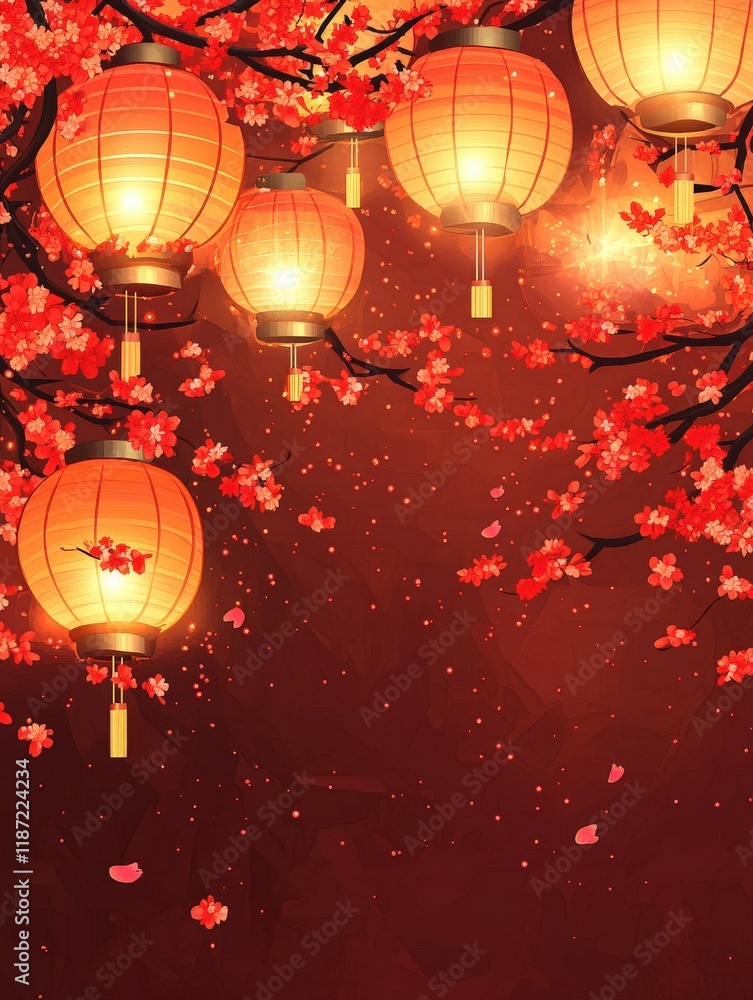 Obraz premium Festive Asian Lanterns Cherry Blossoms Chinese New Year Background
