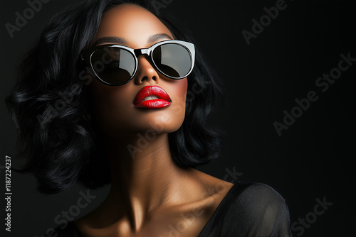 Wallpaper Mural woman with long hair and red lipstick is wearing sunglasses. She is standing in front of a black background Torontodigital.ca